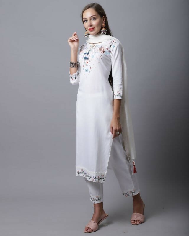 Aastha Fashion Women's White Cotton Flex Jaipuri Printed Kurta with Trouser & Dupatta - Grab2buy