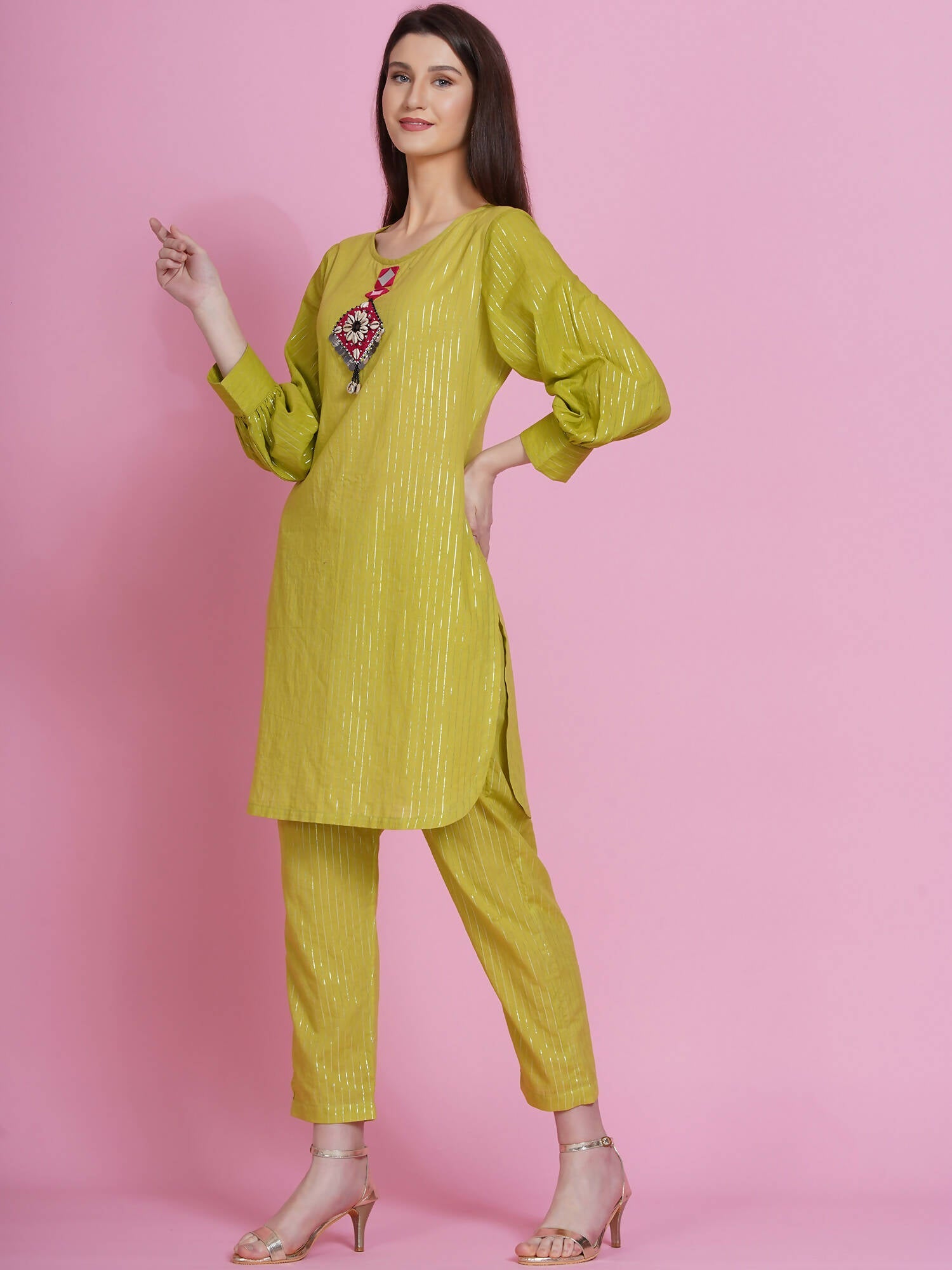 Women Republic Green Lurex Cotton Hand Embroidered Kurta With Pants - Grab2buy
