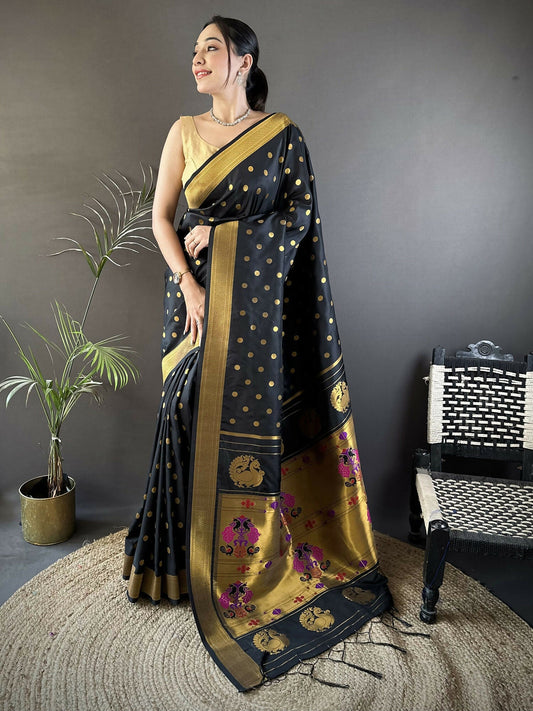 Joban Fashion Black Polka Dot Lichi Silk Paithani Silk Saree