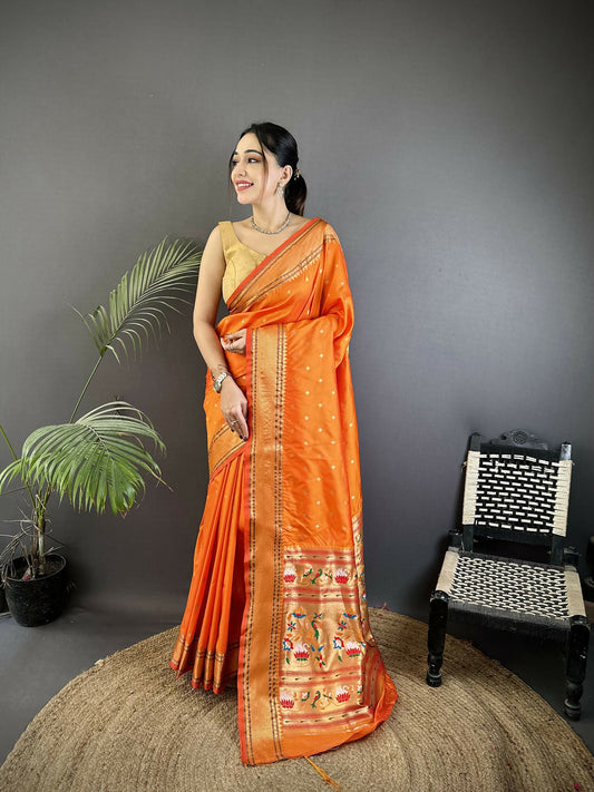 Joban Fashion Orange Butti Woven Soft Lichi Silk Paithani Saree
