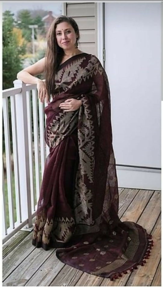 Exclusive Collection Deep Brown Beautiful Linen Jamdani Grab2Buy