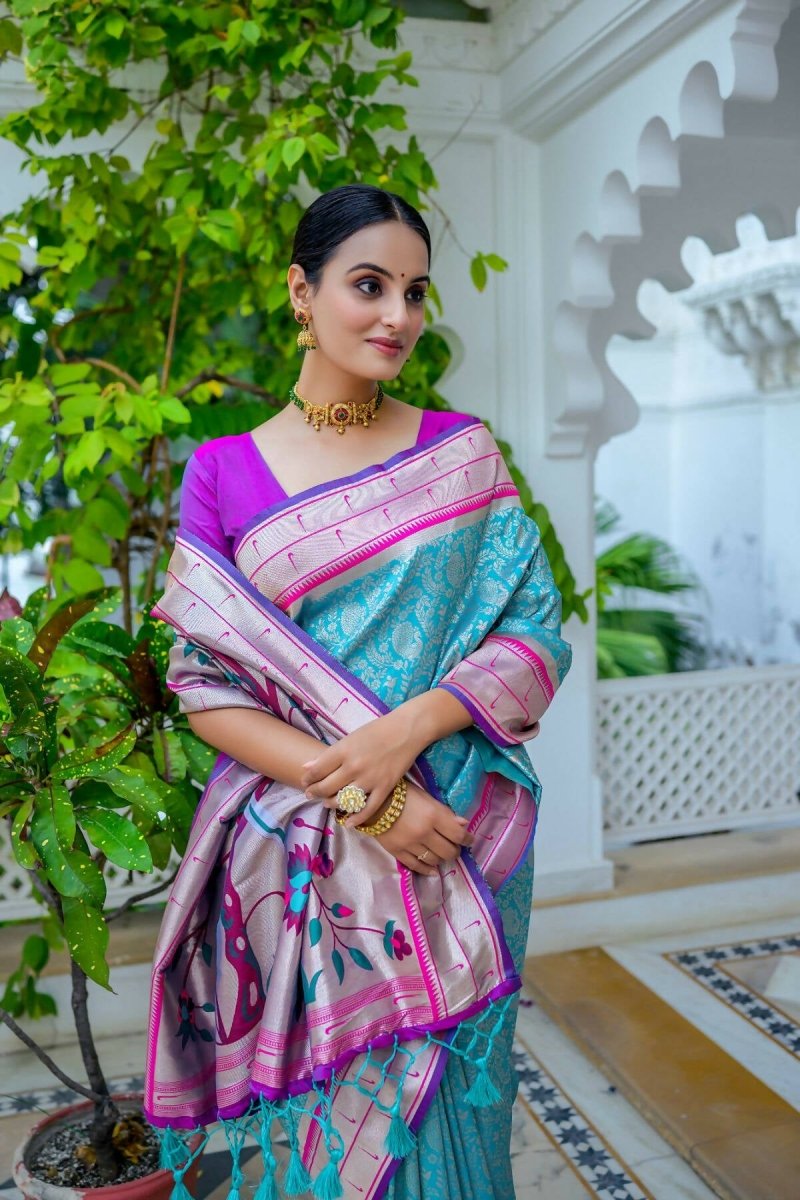 Aastha Fashion Teal Woven Kanjivaram Silk Saree with Blouse - Grab2buy
