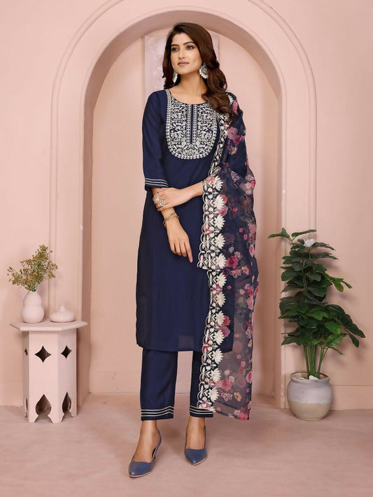 Joban Fashion Women Navy Blue Roman Embroidery Stitched Kurta Set