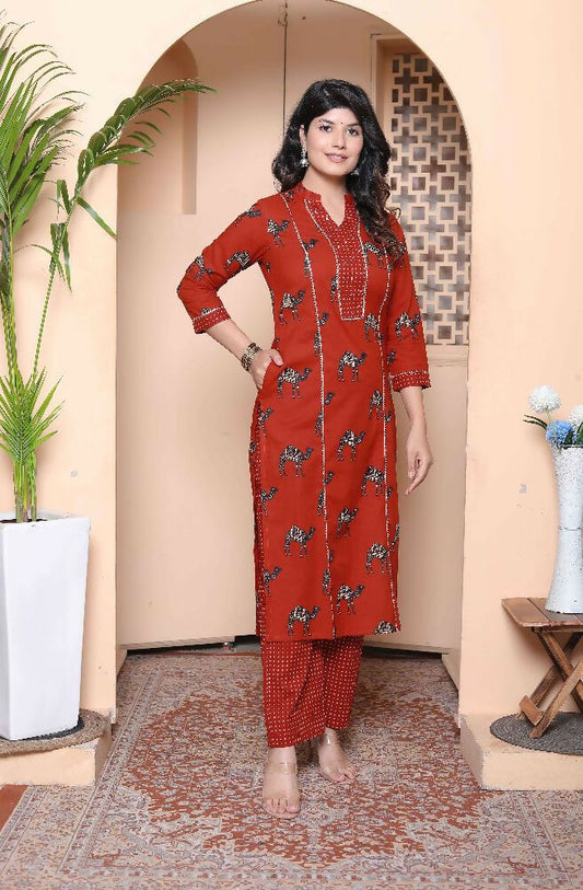 Miravan Womens Rust Animal Printed Three Quarter Sleeves Pure Cotton Kurta With Palazzo