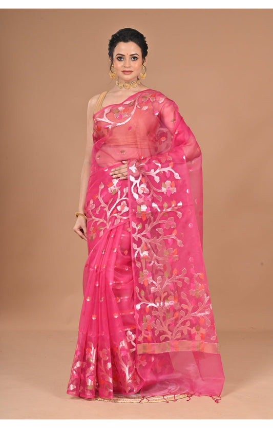 Morchari Semi Orzanga Jamdani Silk Saree-Rani Pink
