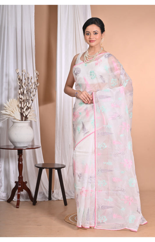 Morchari Pure Orzanga Tread Work Saree-Off White