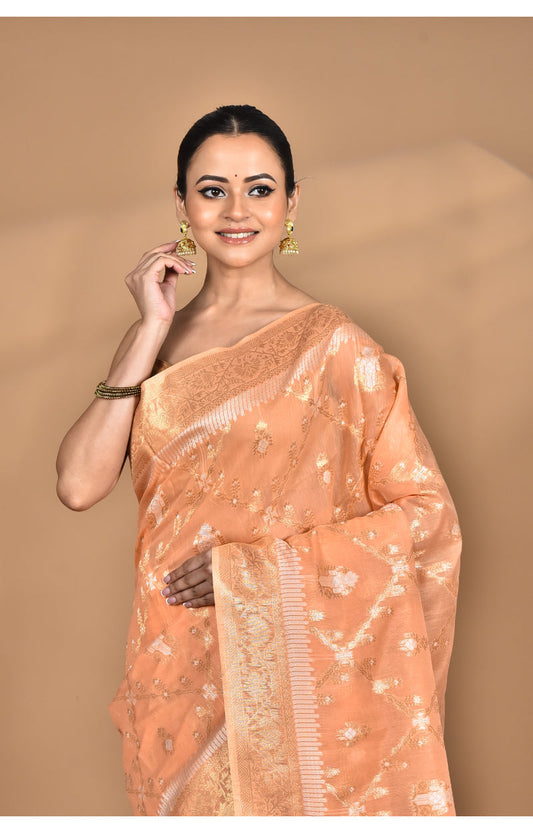 Morchari Banarasi Silk Chanderi Saree-Peach | Swadesiicart