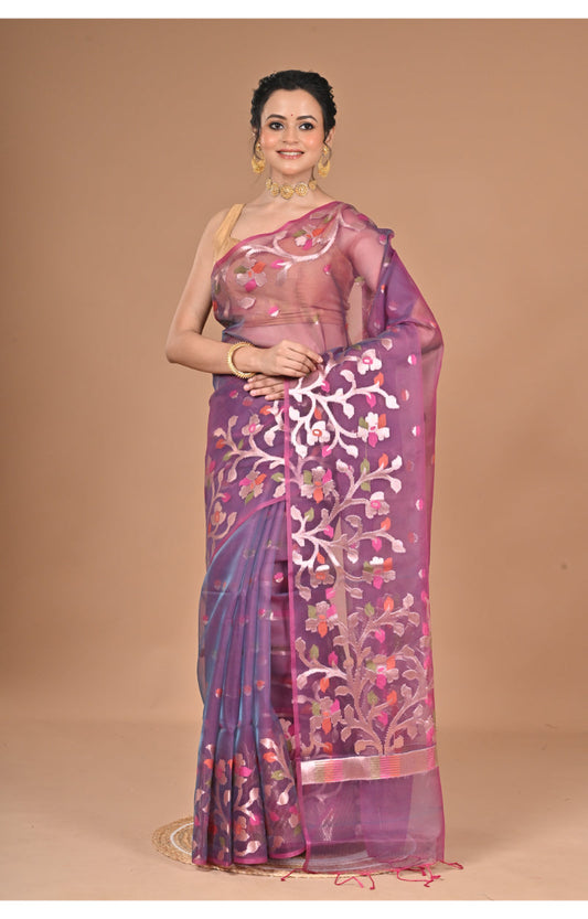Morchari Semi Orzanga Jamdani Silk Saree-Wine
