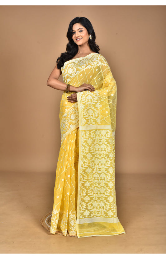 Morchari Pure Cotton Dhakai Jamdani Handloom Saree-Yellow