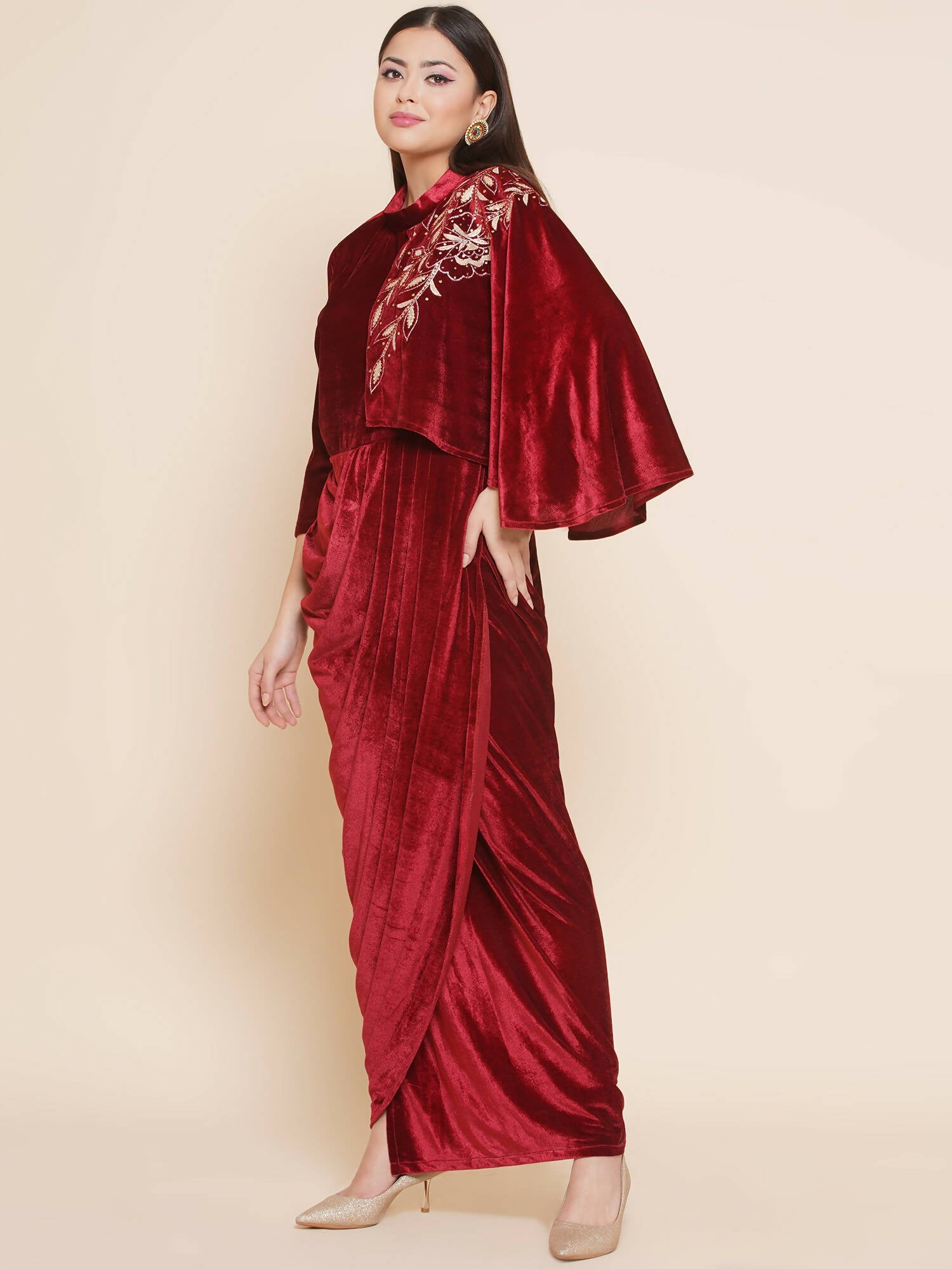 Women Republic Maroon Velvet Drape Styel Gown - Grab2buy
