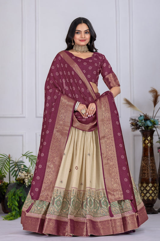 DEIANA'S Jacquard With Jari Lining With Print Lehenga Choli - Off White