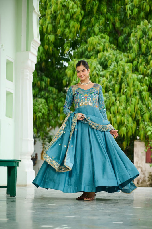 Evanik Women Vichitra Silk with Rich Sequins, Multi Thread & Zari Embroidered work Wedding Gown