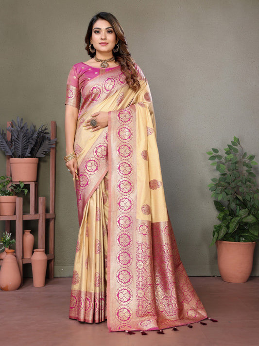 Anaita Rani Pink Viscose Silk With Butties Weaving Saree With Blouse