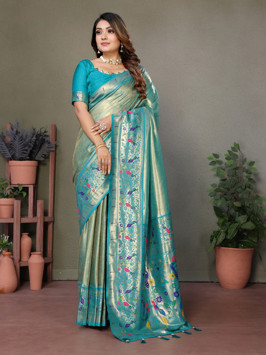 Anaita Blue Tissue Silk With Paithani Woven Saree With Blouse