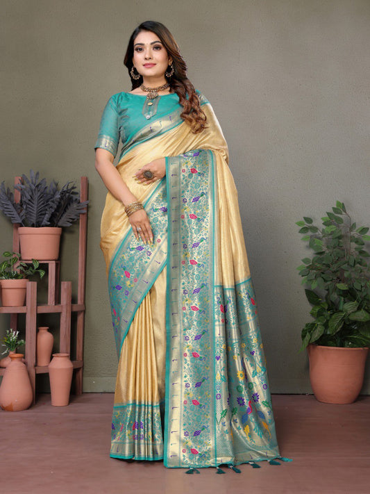 Anaita Cream Tissue Silk With Paithani Woven Saree With Blouse