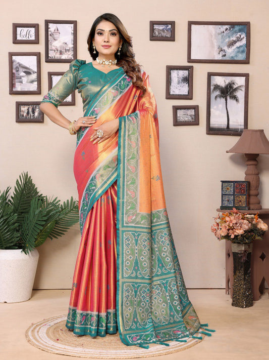 Anaita Orange Tissue Silk With Weaving Saree With Blouse