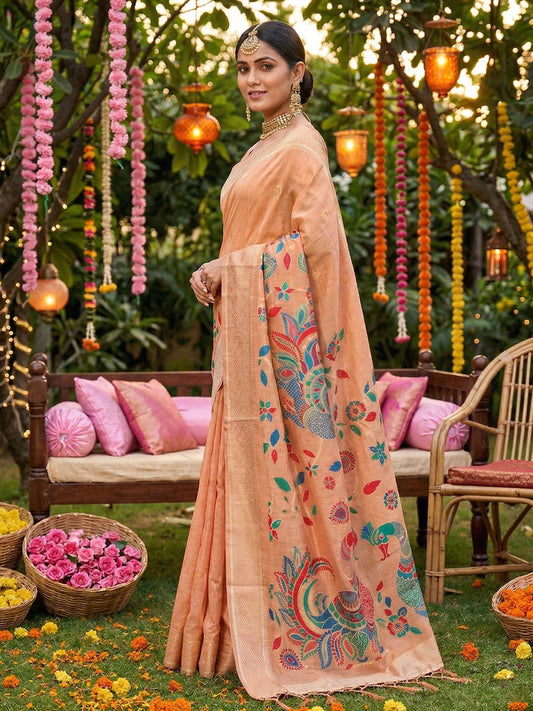 Anaita Pink Linen Cotton Woven Saree With Blouse