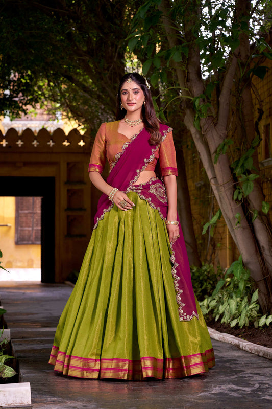 Evanik Pista South-style Kanchipuram silk lehenga With Unstitched Blouse & Dupatta