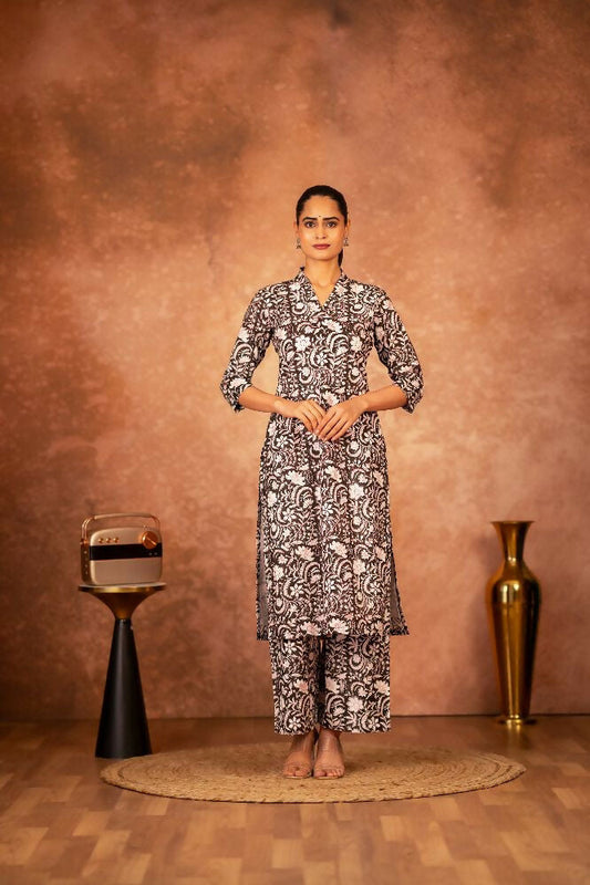 Joban Fashion Black Floral Hand Block Printed Cotton Kurta Pant Set