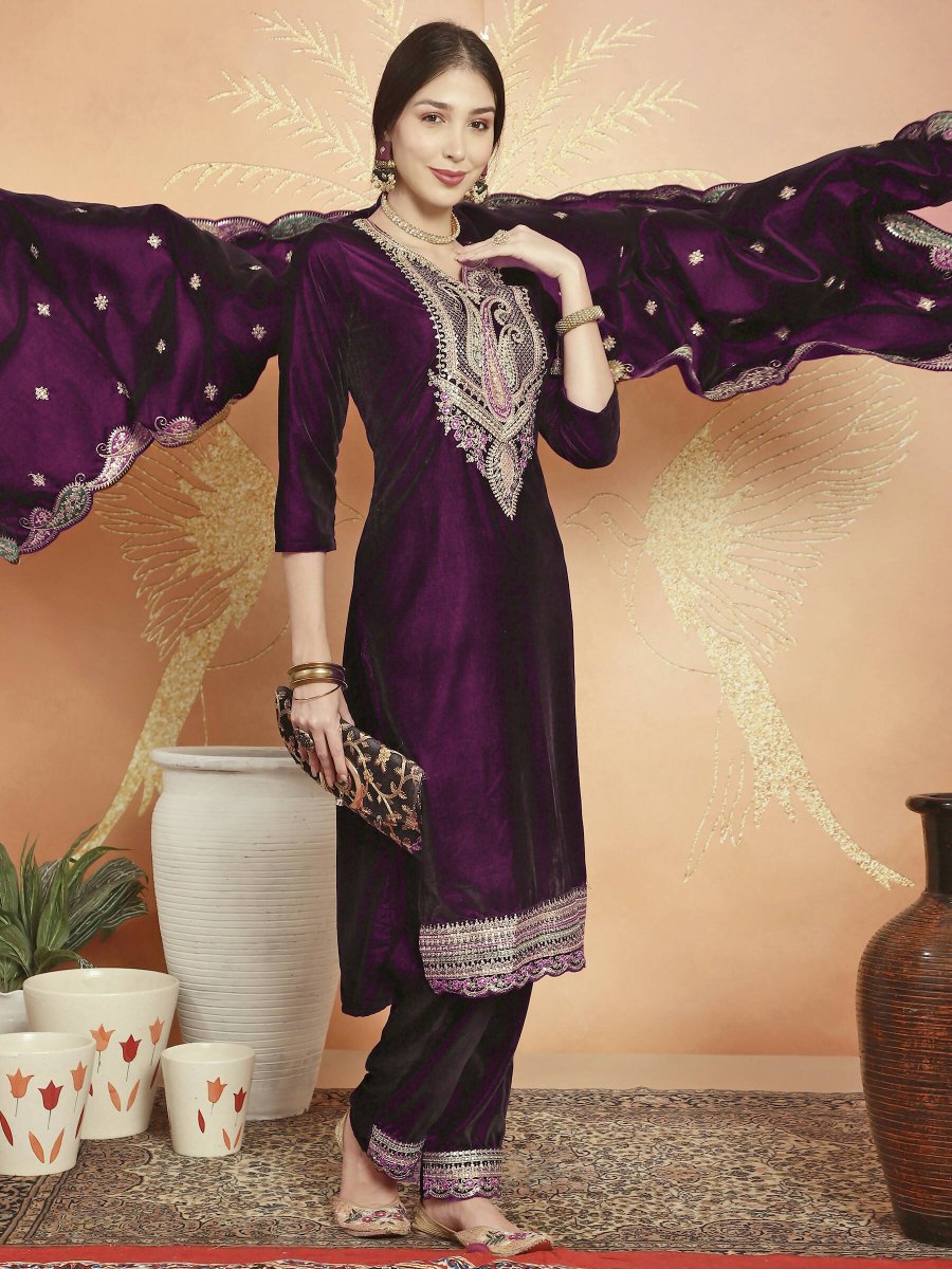 Aastha Fashion Women's Wine Velvet Cording with Resham Thread & Sequin Kurta with Trouser & Dupatta - Grab2buy