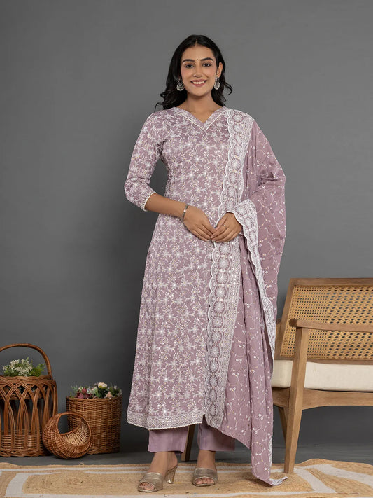 Yufta Purple Cotton Silk Embroidered Anarkali Kurta Dupatta Set