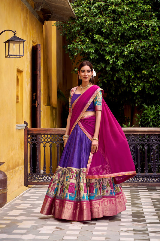 Evanik Purple South Style Kalamkari Print Design Zari Work Unstitched Lehenga Choli