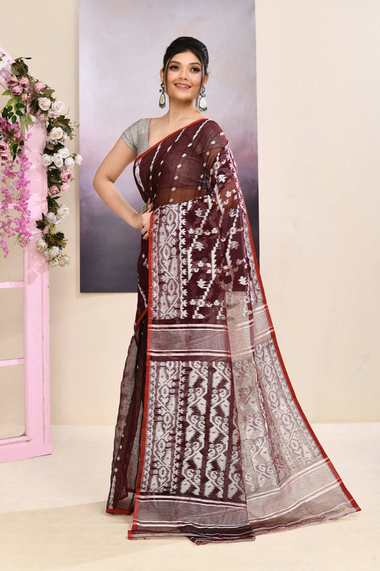 Piyari Fashion Women's Wine Embellished Cotton Blend Jamdani Saree