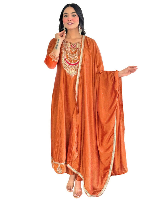 The52 Rust Women's Gorgeous Embroidered Vichitra Silk Fabric Flared Kurta, Pant and Dupatta Set | Grab2Buy