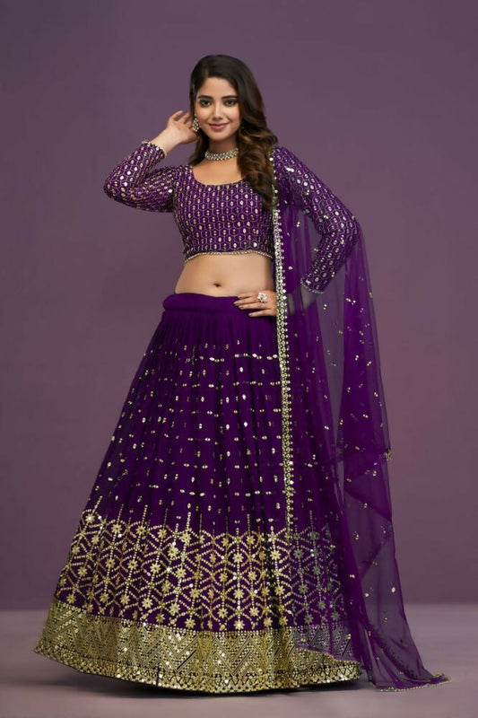 Purple Georgette Embroidery Sequence Work Lehenga Choli Set - Jihu Culture