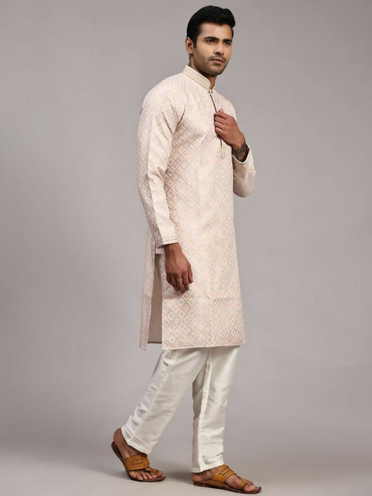 Pink Viscose Jacquard Woven Jacquard Designer Men's Rajwadi Kurta Set - Mahotsav