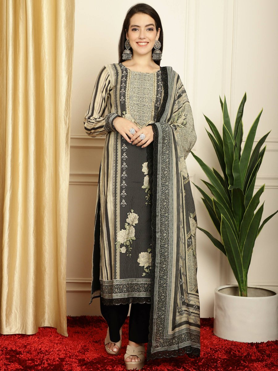 Aastha Fashion Women's Black Pashmina Digital Printed with Embroidered Lace work Kurta with Trouser & Dupatta - Grab2buy