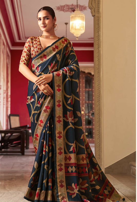 Monjolika Fashion Silk Blend Navy Blue Printed Saree