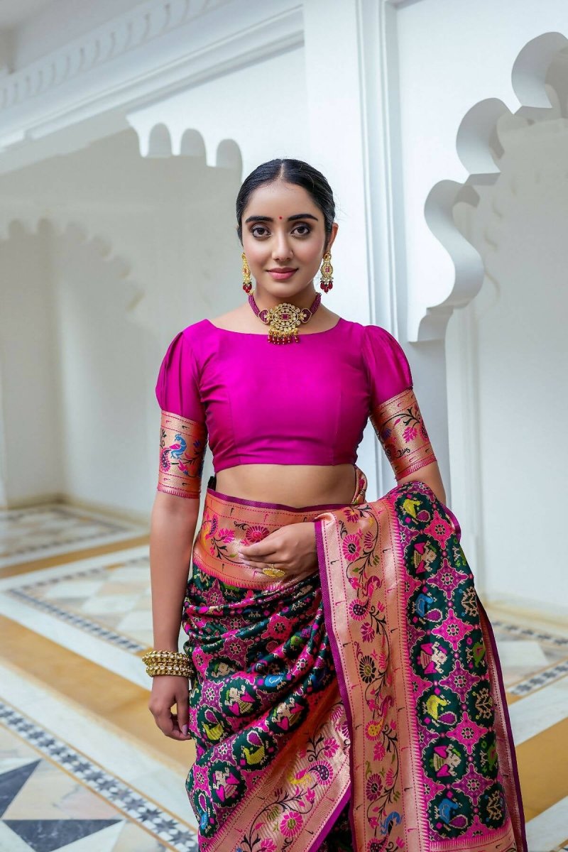 Aastha Fashion Bottle Green Woven Paithani Silk Saree with Blouse - Grab2buy
