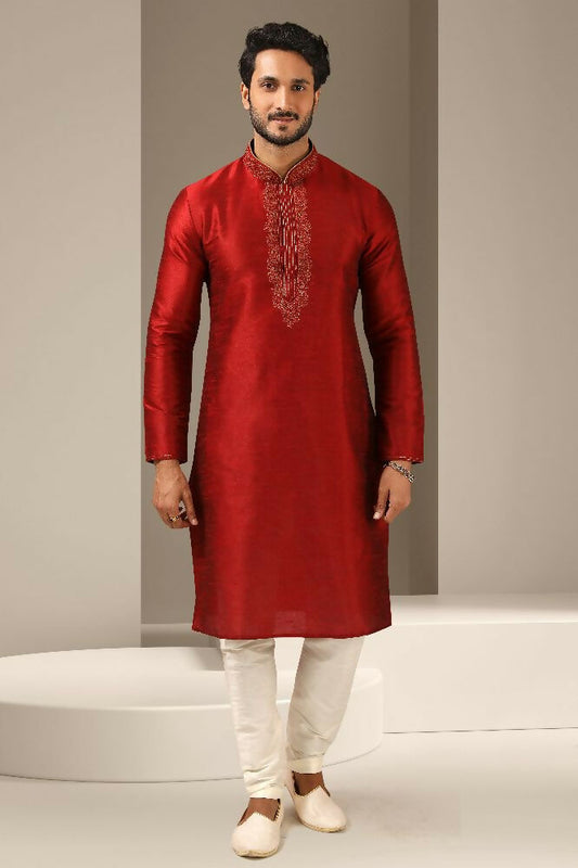 Raivat Ethnic Banarasi Art Silk Thread Work Kurta Pajama In Maroon Colour