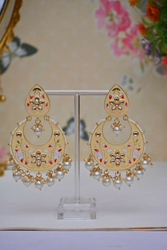 Cream Gold-Polished Brass & Pearl Dangle Women Earrings| Hand Painted Meenakari Chandbali Traditional Ethnic Wear Earrings By House of Ree House of Ree