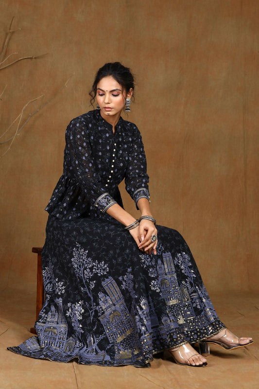Juniper Women Black Georgette Printed Flared Lehenga Choli Sets - Grab2buy