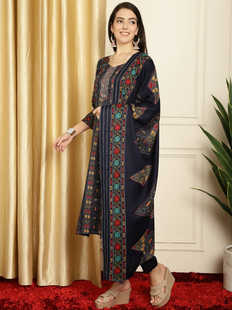 Aastha Fashion Women's Navy Blue Pashmina Floral Digital Printed Kurta with Trouser & Dupatta - Grab2buy