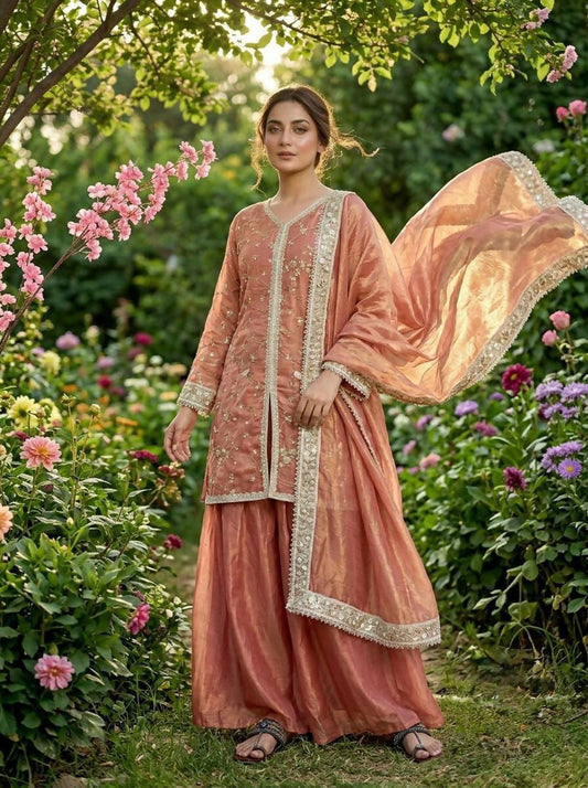 Teeya Creation Womens New Trendy Heavy Embroidery Work Kurta Palazzo Set - Orange