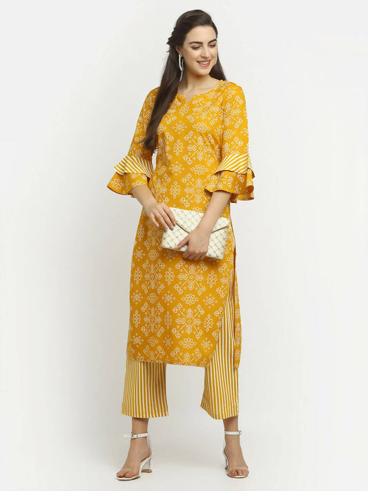 Rudra Bazaar Mustard Printed Bell Sleeve Straight Kurta with Striped Pyjamas