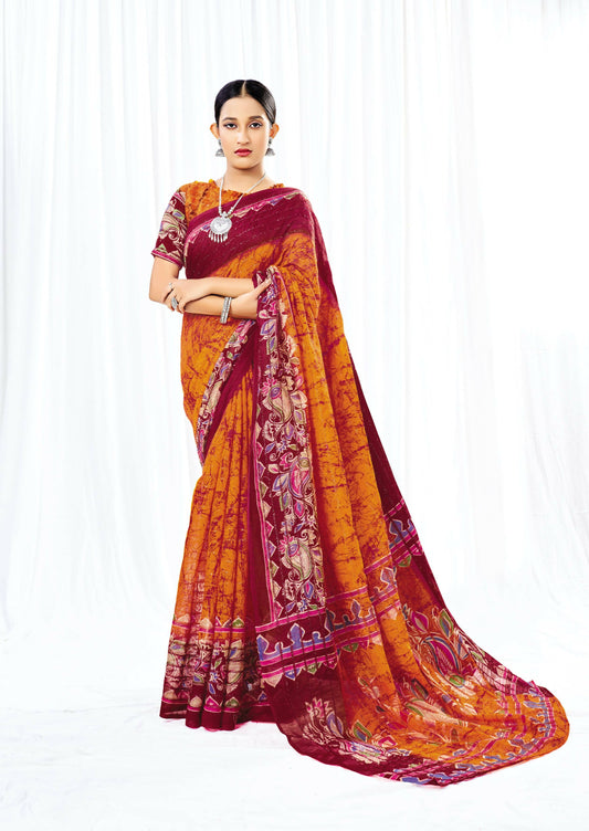 Orange Chanderi Cotton Floral Printed Saree With Unstitched Blouse Piece - Kathika