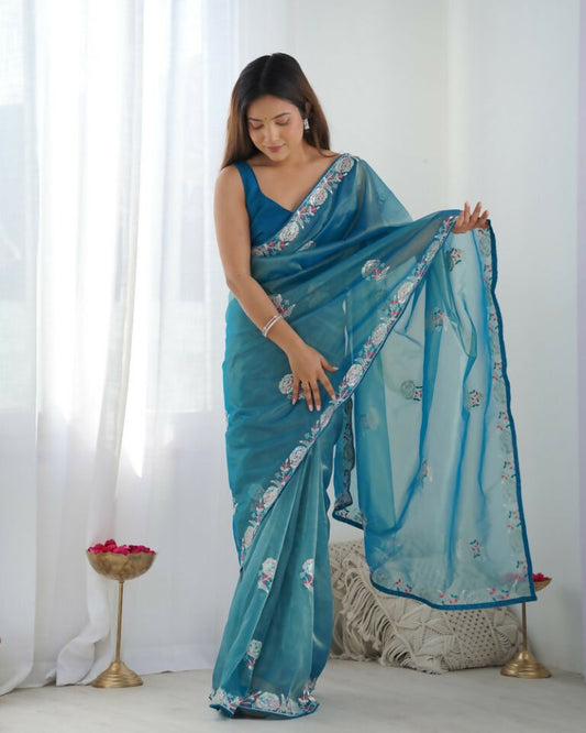 Teal Blue Gold Twill Net Multy Thread, Sequance Embroidery Work Saree - Kriti