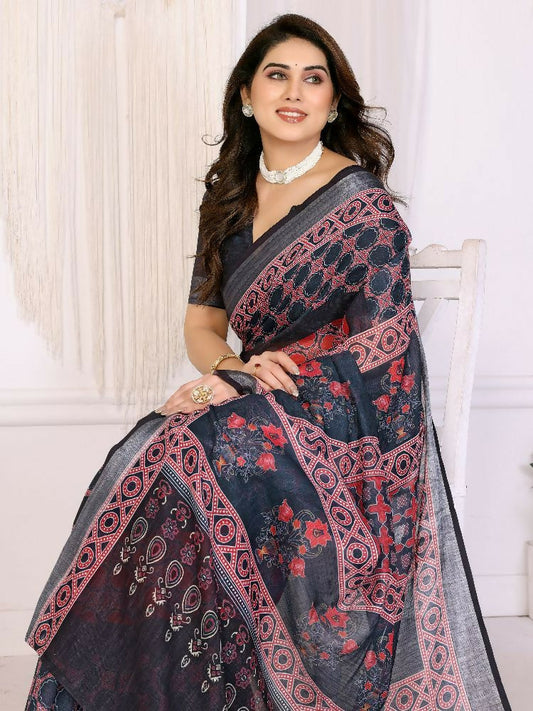 PR Fashion Wine Handloom Linen Cotton Zari Saree