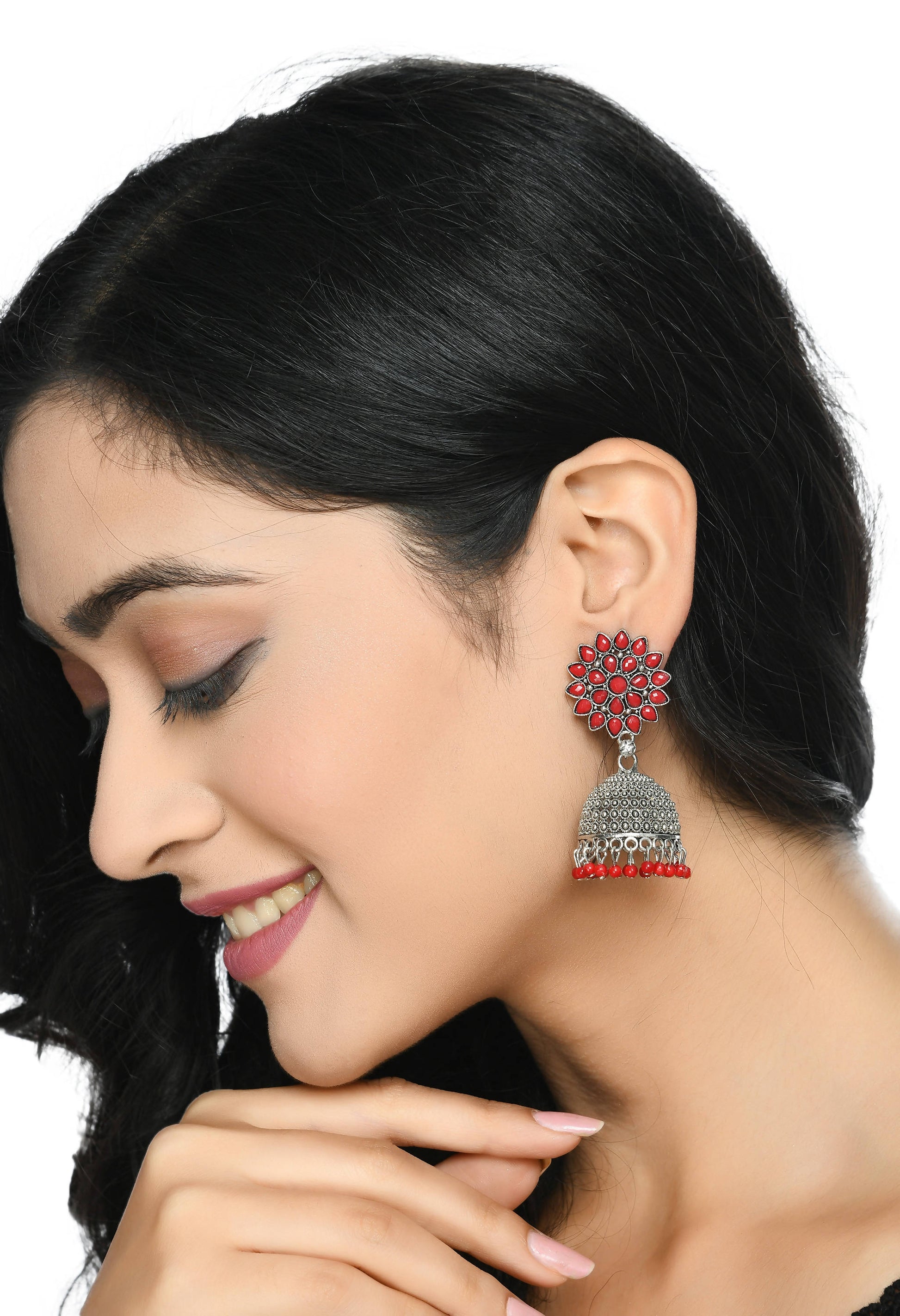 Mominos Fashion Johar Kamal Kundan Work Jhumka With Red Beads - Grab2buy