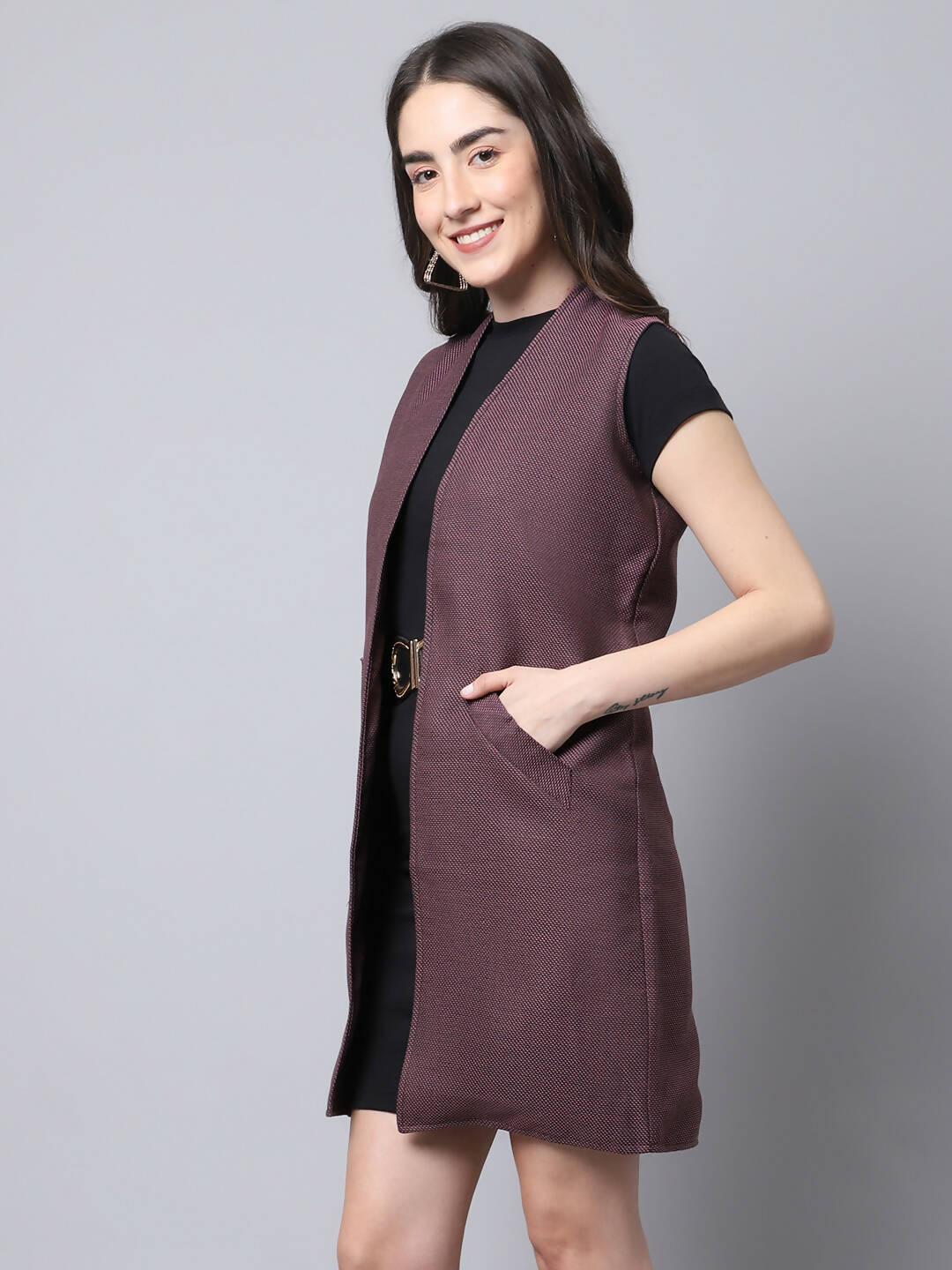 Even Apparels Navy 100% Polyester Open Front Women's Waistcoat - Grab2buy