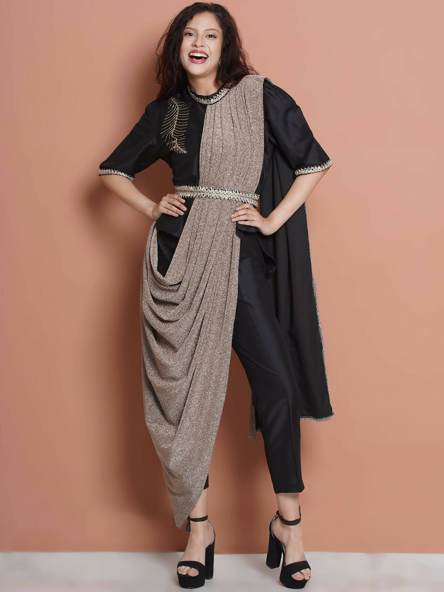 Women Republic Black Cotton Blended Set with Attached Drape - Grab2buy