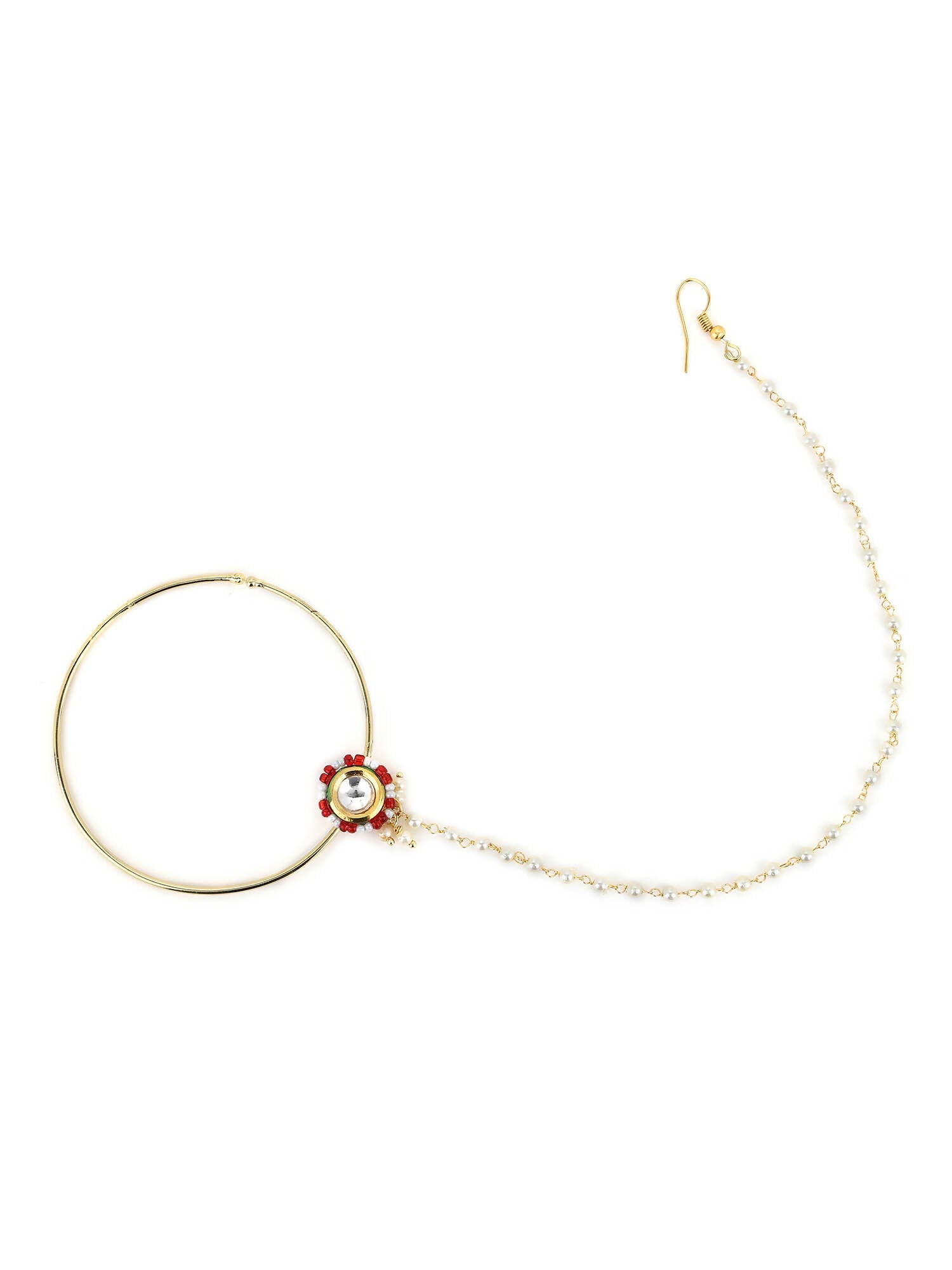 Gold-Pleated Red White Kundan Studded Beaded Chained Nosepin - Ruby Raang - Grab2buy