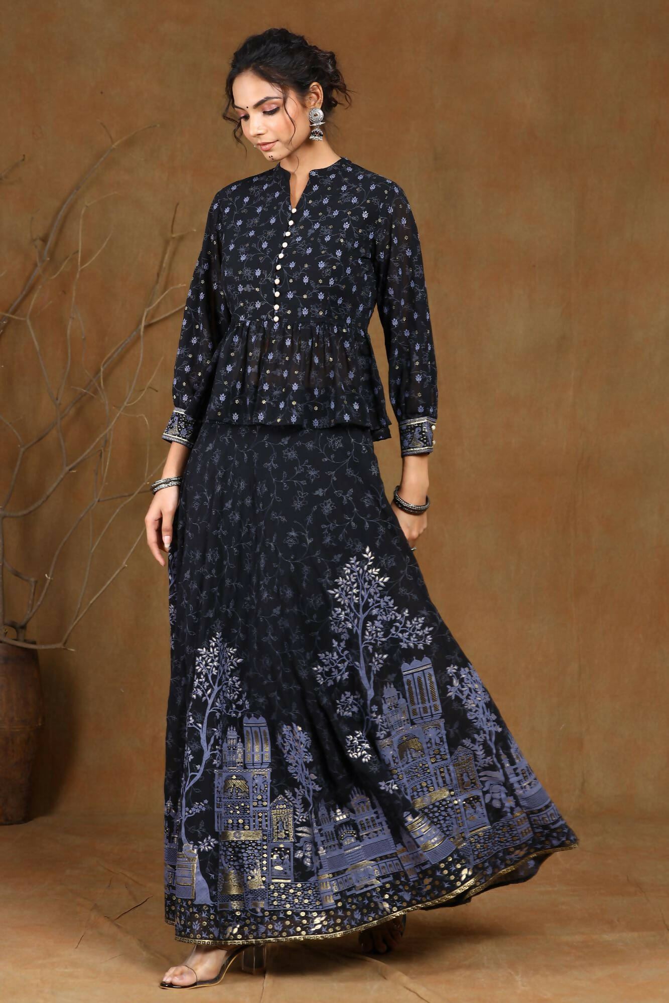 Juniper Women Black Georgette Printed Flared Lehenga Choli Sets - Grab2buy