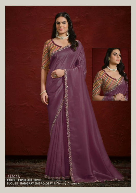Mustard Crush Paper Silk Sequence with Handwork Saree with Stitched Blouse - Mohmanthan Aaina