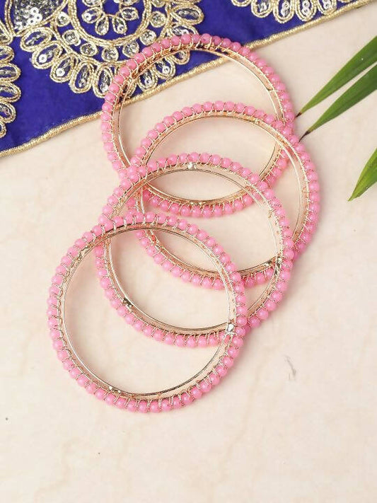 Priyaasi Women Set Of 4 Gold-Polished Pink Beaded Bangles