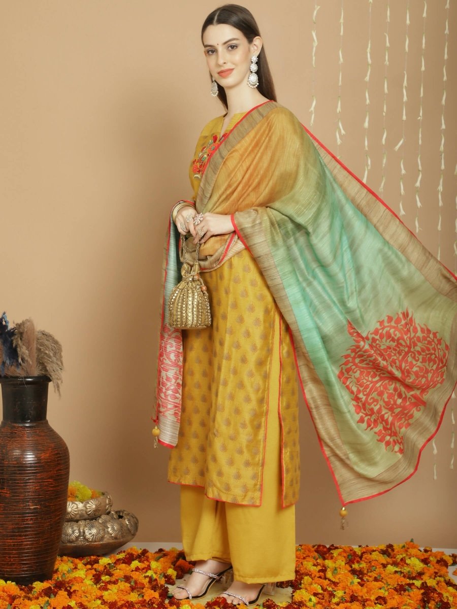 Aastha Fashion Women's Yellow Chanderi Silk Elegant Jardoshi Semi Kurta with Trouser & Dupatta - Grab2buy